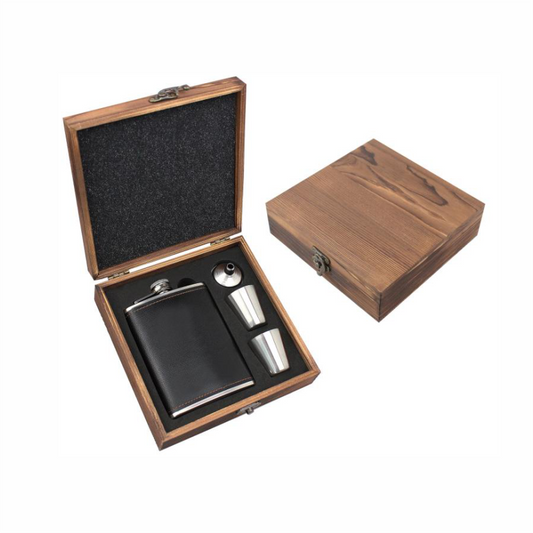 PU Leather Hip Flask Pine Wood Box Gift Set